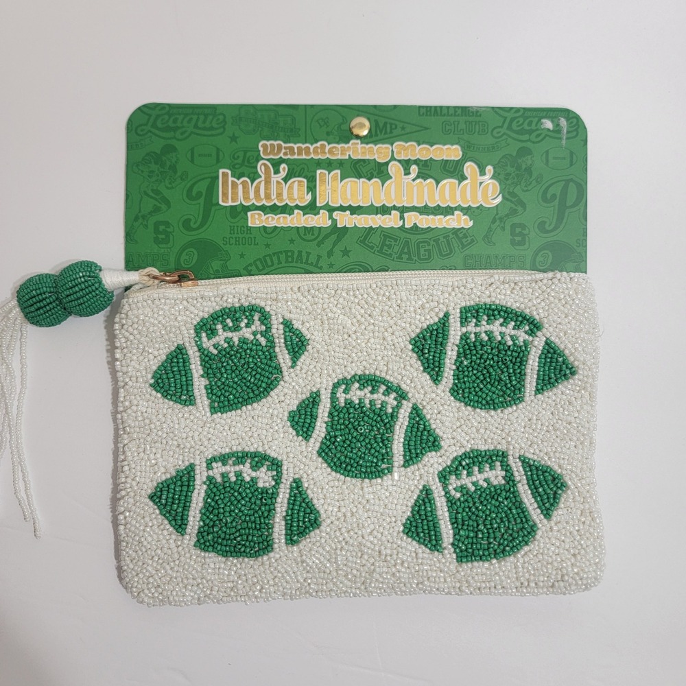 Wandering Moon India Handmade Beaded Green Footballs Travel Pouch Packers Eagles